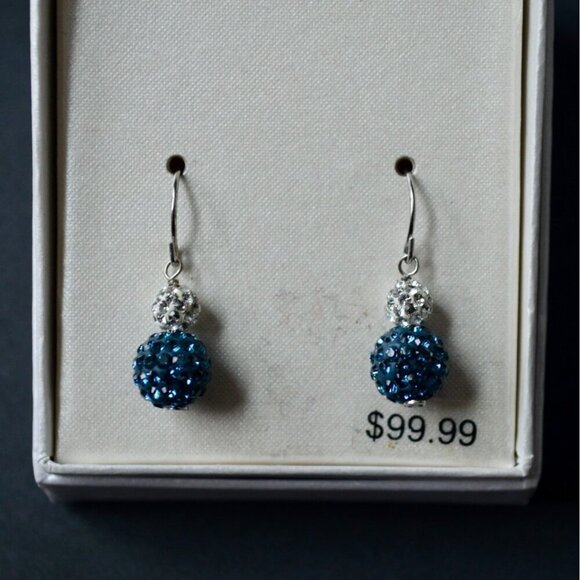 Sterling Silver Montana Blue White Pave Crystal Ball Earrings New - Picture 3 of 4